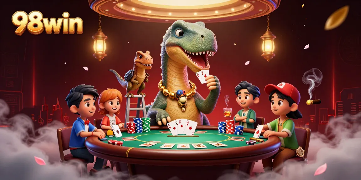 Experience 98win gaming with dynamic poker action featuring adorable cartoon dinosaurs in a casino