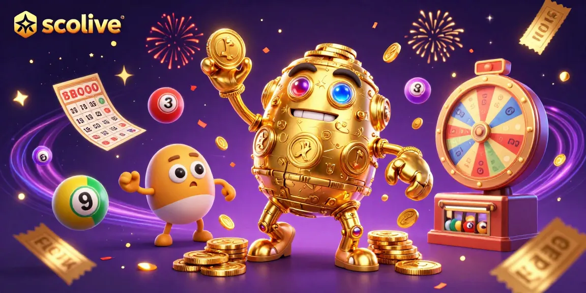 Socolive delivers captivating experiences with a golden golem, bouncy lottery balls, and prizes scattered in a vibrant gambling scene.