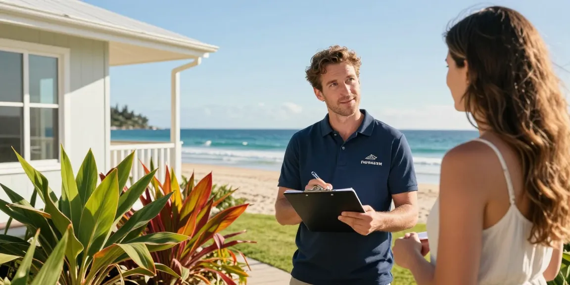 Gold Coast short-term rental management professional discussing details with a homeowner at a beach house.