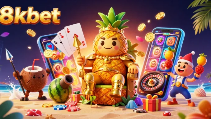 Experience the excitement of 8xbet's vibrant casino scene with a golden pineapple king and dynamic game elements.