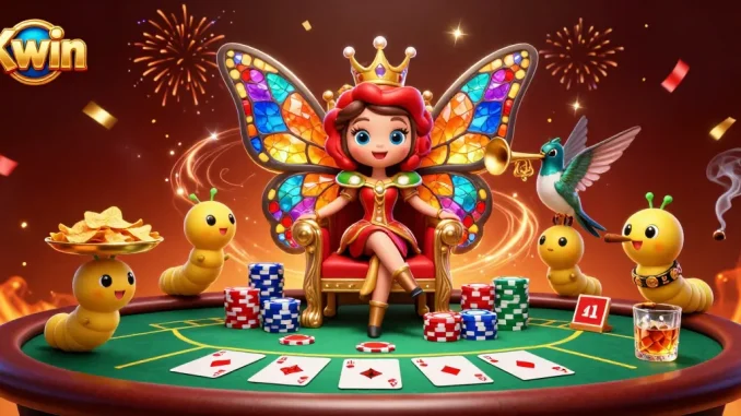 Kwin showcases a lavish 3D butterfly queen at a dynamic poker scene with vibrant chip towers and celebratory elements.