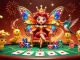 Kwin showcases a lavish 3D butterfly queen at a dynamic poker scene with vibrant chip towers and celebratory elements.