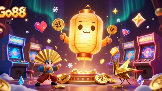 Experience winning fortune with Go 88 in a vibrant casino atmosphere filled with lucky symbols and 3D characters.
