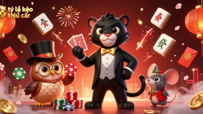 Engage with the tỷ lệ kèo nhà cái as a stylish panther deals cards surrounded by festive elements.