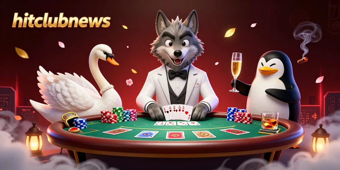 Engage in excitement with hitclubnews at a lively baccarat table featuring a chic wolf, swan dealer, and penguin sommelier.