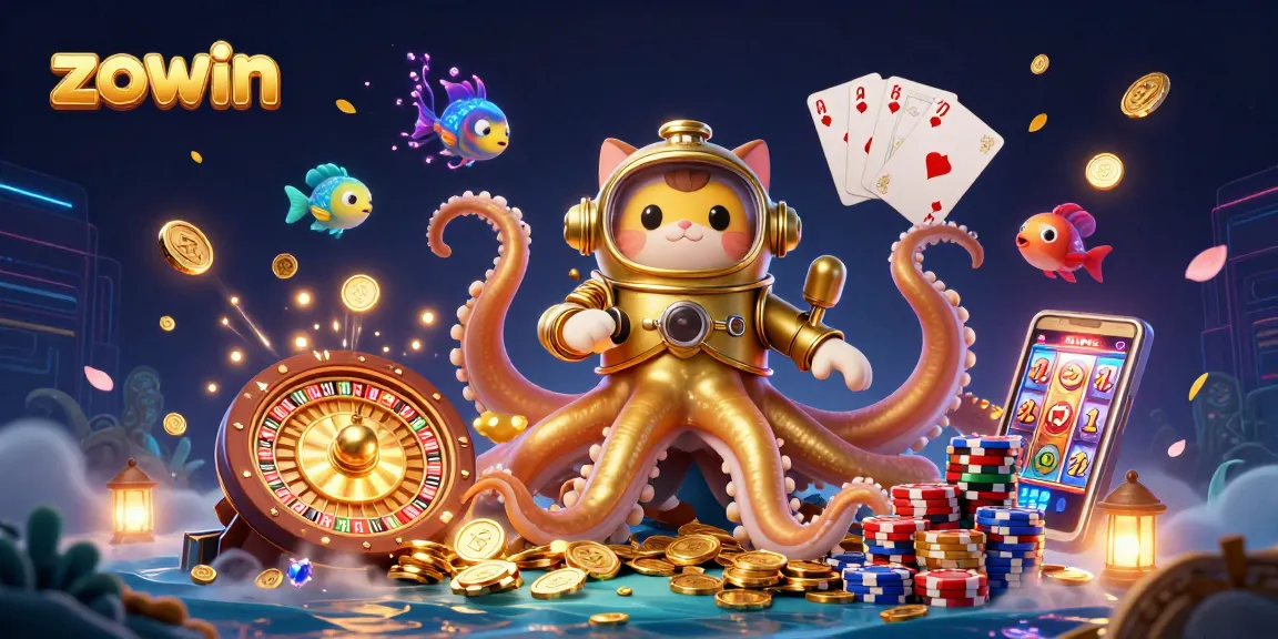 Engage with Zowin's thrilling gameplay featuring a kraken, diving cat, and mesmerizing casino elements.