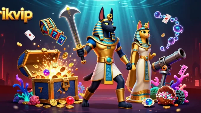 Engage with rikvip's exciting online games featuring characters and slot elements in a vibrant casino-themed scene.
