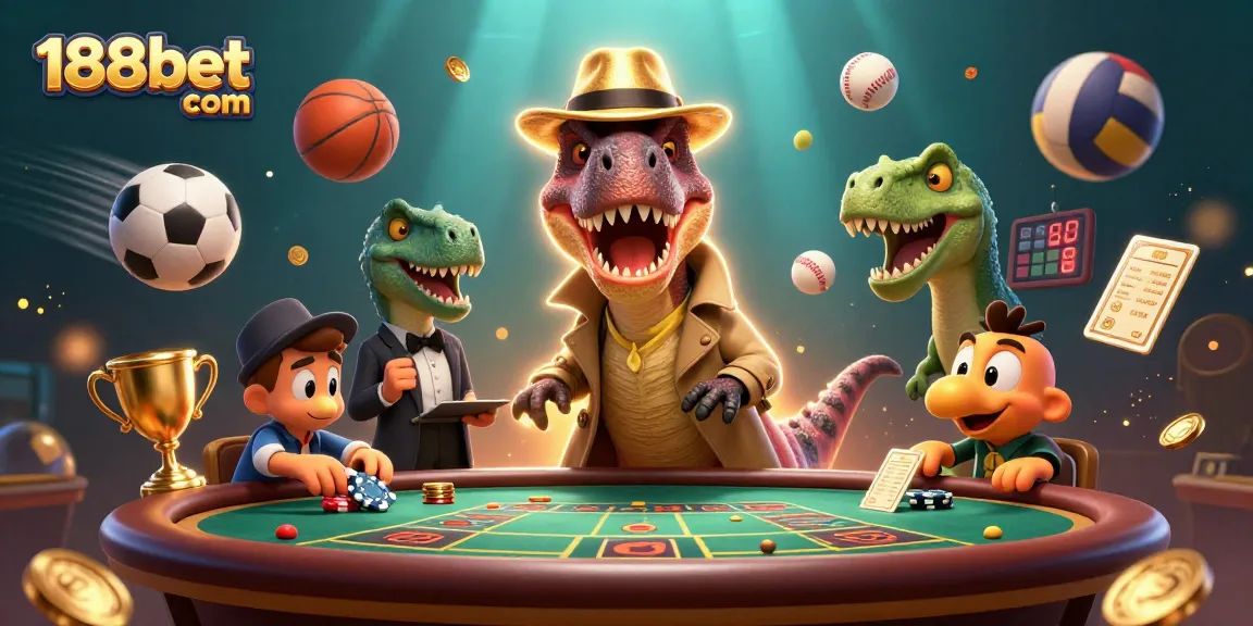 Experience thrilling gaming at 188bet com with a unique scene of animated dinosaurs at a blackjack table.
