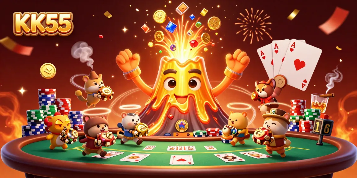 Experience the thrill of winning at KK55 with vibrant casino elements and a triumphant volcano scene.