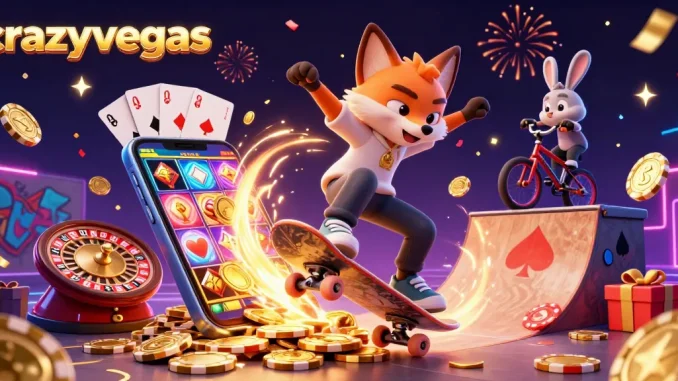 Experience exciting gameplay with crazyvegas as a cartoon fox performs stunts near vibrant slot and poker graphics.