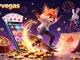 Experience exciting gameplay with crazyvegas as a cartoon fox performs stunts near vibrant slot and poker graphics.