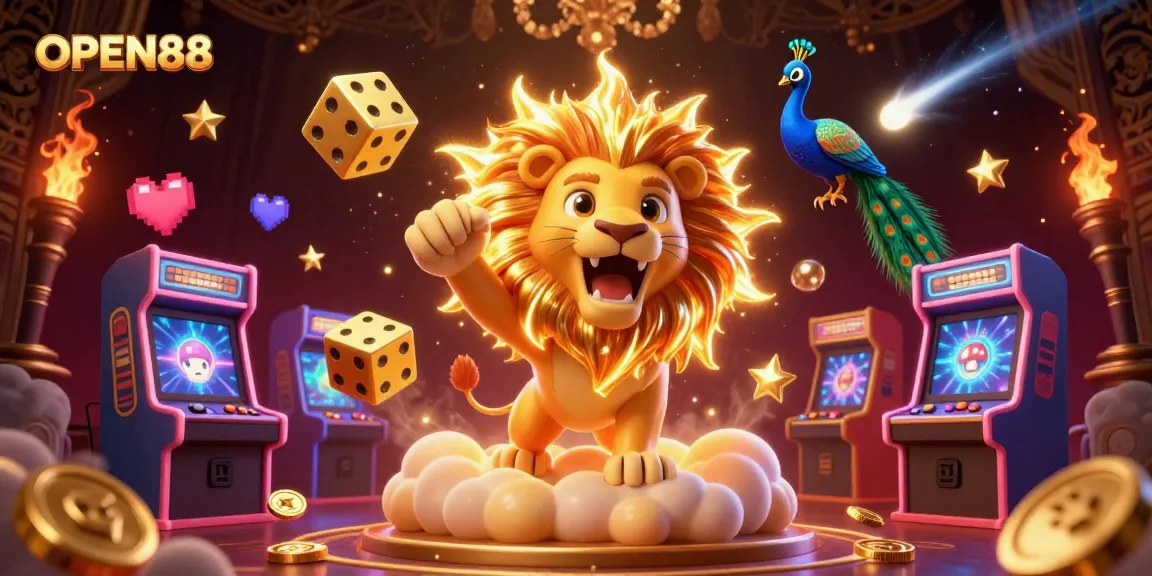 Experience thrilling wins with OPEN88 at this vibrant 3D casino-themed scene filled with excitement.