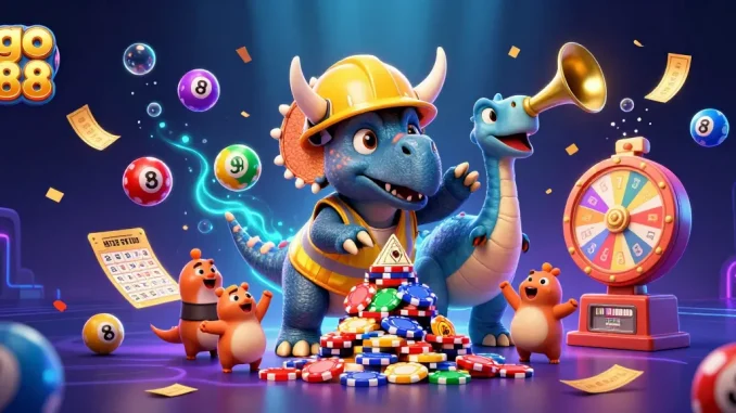 Join the excitement of go 88 with a vibrant 3D scene featuring joyous characters and casino elements.