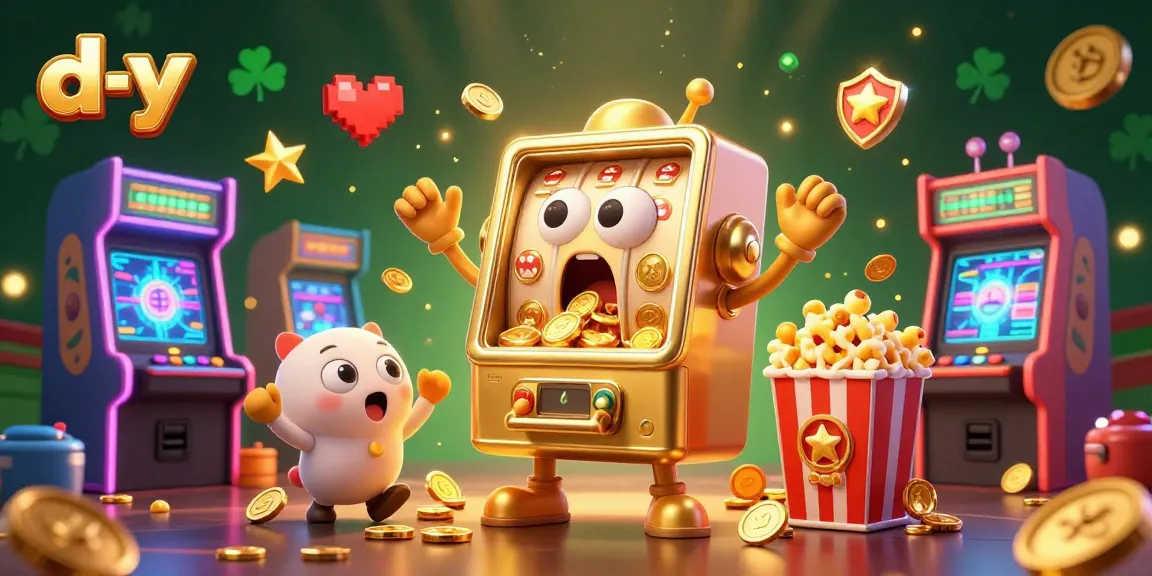Engage with the d-y slot machine as it hits a jackpot, showering coins in this vibrant gambling scene.