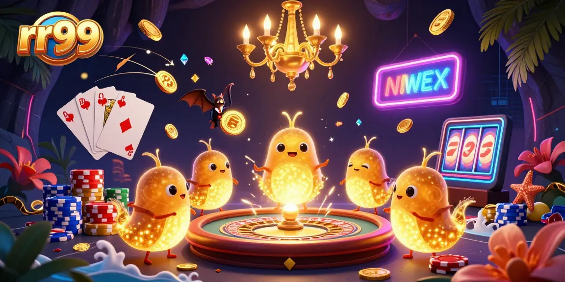 Join the action at rr99 with a vibrant 3D casino illustration featuring lively glowworms and dynamic game elements.