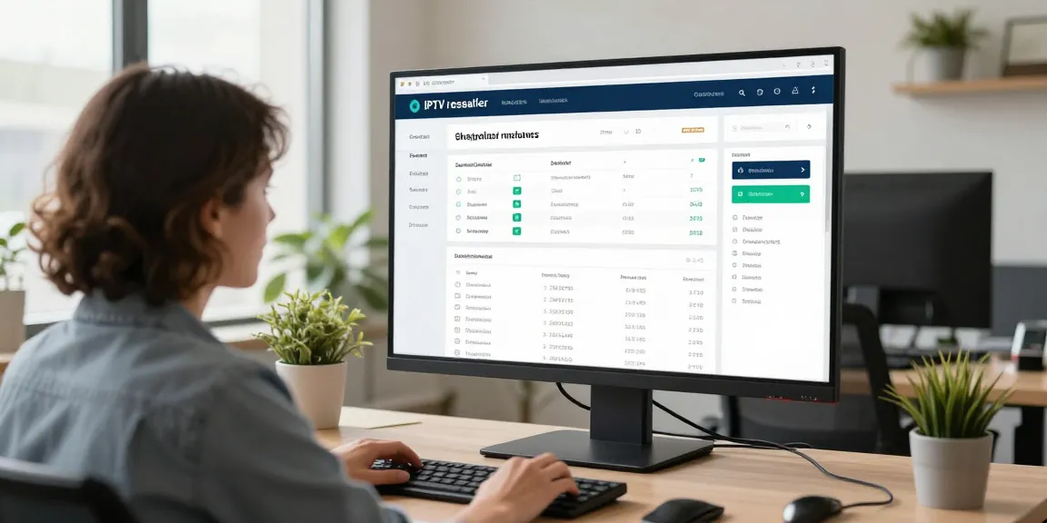 IPTV reseller managing subscriptions in a professional workspace, trusted local provider.