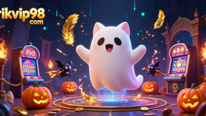 Experience thrilling gameplay at rikvip98 com with a ghost cat and vampire bat in this vibrant casino scene.