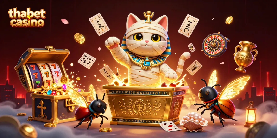 Experience thrilling adventure at thabet casino with an Egyptian mummy cat and vibrant gaming elements.