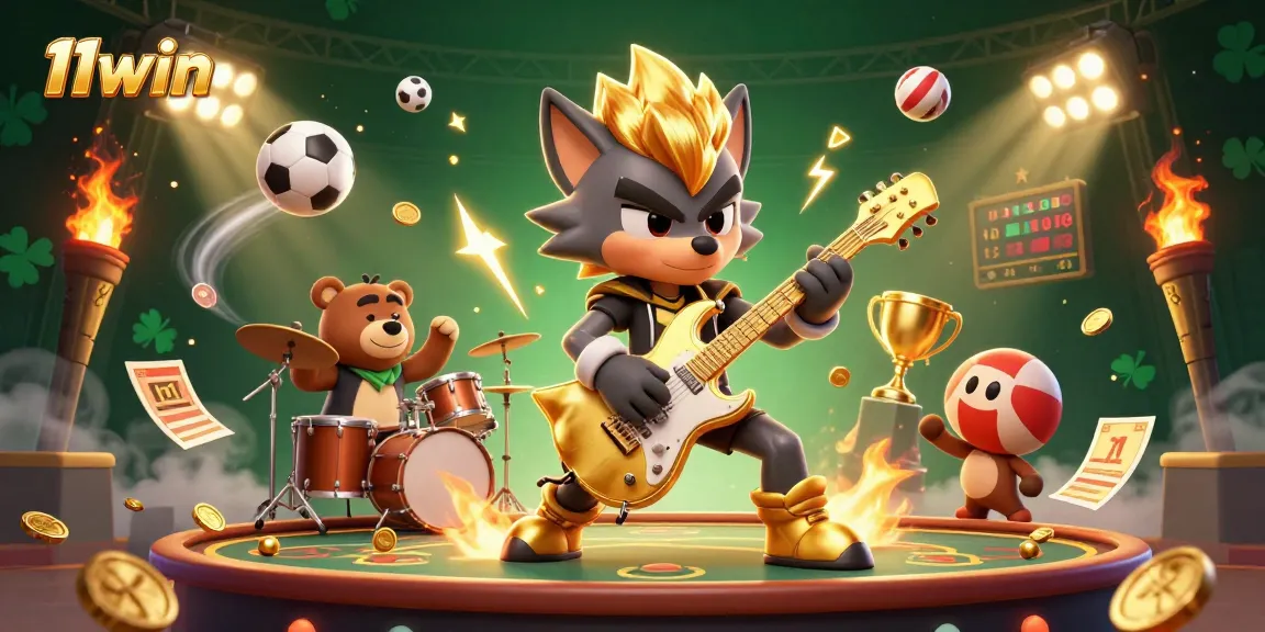 A dynamic casino scene with rock star wolf and drummer bear illustrating 11win's thrilling gaming experience.