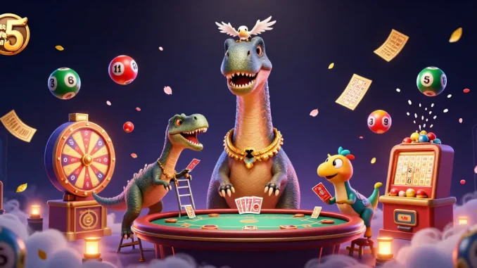 Engage with keo nha cai 5 as a brontosaurus towers over a vibrant casino scene.