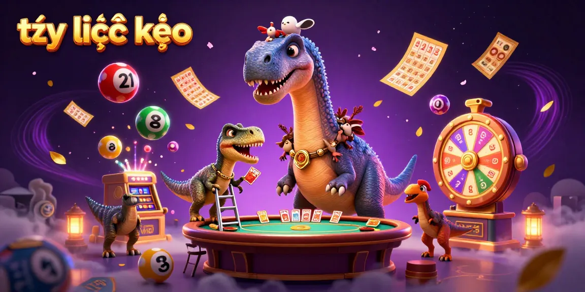 Experience dynamic gaming with tỷ lệ kèo illustrated in a vibrant casino scene featuring giant dinosaur characters.