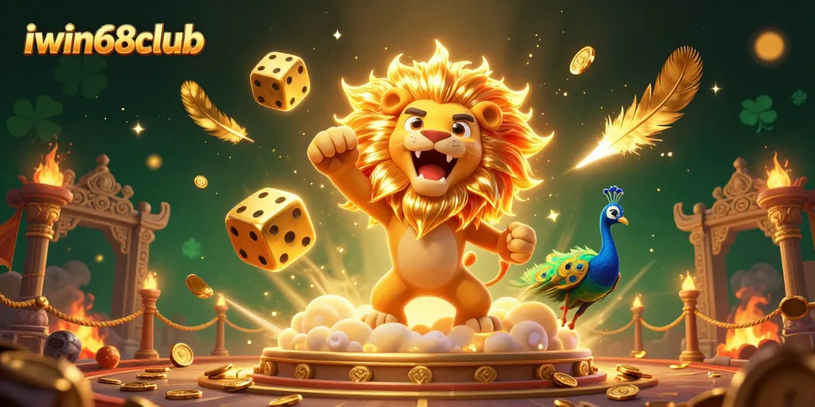 Engage with iwin68club's vibrant casino scene featuring a roaring lion, golden dice, and dynamic game elements.