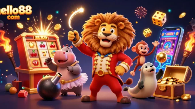 Hello88 com showcases thrilling casino excitement with a vibrant circus illustration, featuring iconic characters and casino elements, promoting engagement.