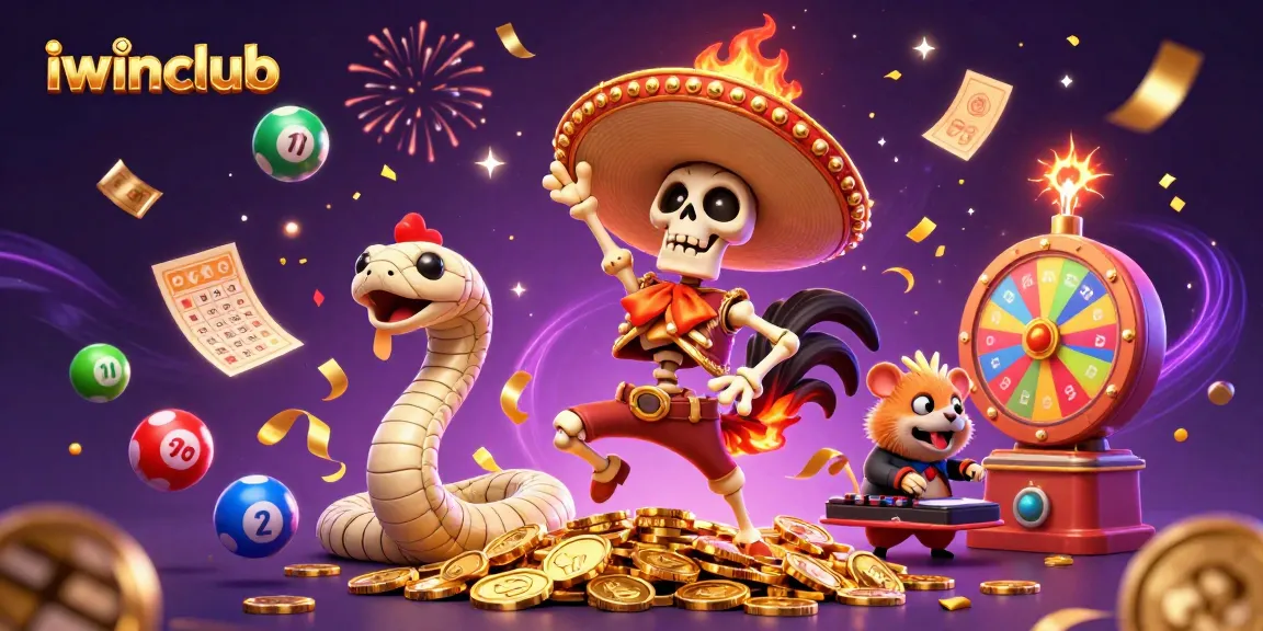 Iwinclub showcases an exciting victory dance scene with a rooster and golden confetti amidst vibrant casino elements.