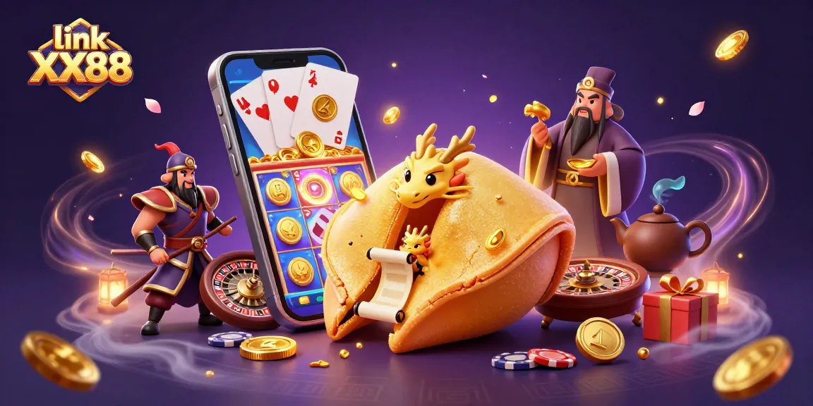 Experience winning at link XX88 with a golden fortune cookie and gaming elements in this vibrant illustration