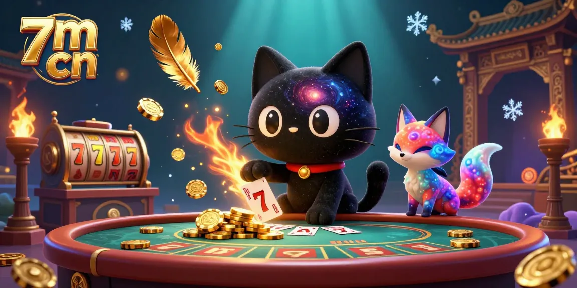 Engage with 7m cn's vibrant casino scene, showcasing a black hole cat and colorful fox among cascading jackpot reels and golden coins.