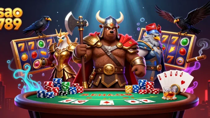 Sao 789 Viking bear and Valkyrie eagle spinning slots and poker chips in a vivid casino scene