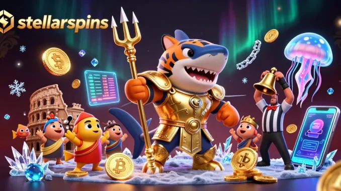 Play at stellarspins with a thrilling underwater gladiator casino scene featuring a tiger shark.