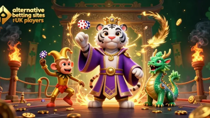 Engage with alternative betting sites for UK players through a vibrant 3D casino scene featuring dynamic characters.