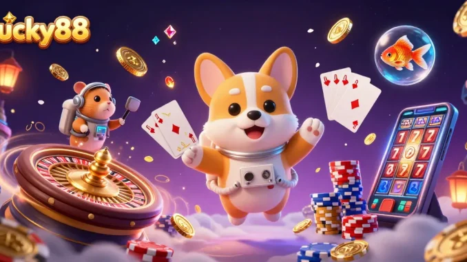 Immerse in the vibrant gaming atmosphere of lucky88, where an astronaut corgi explores a zero-gravity casino.
