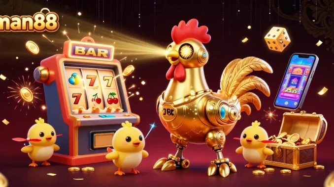 Engage with man88’s thrilling slots, highlighted by a golden rooster robot and festive jackpot effects.