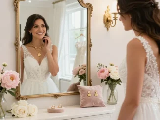 Bridal gold jewellery set featuring a bride trying it on in a radiant boutique.