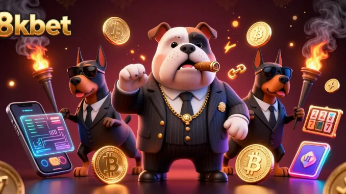 8xbet showcases a vibrant casino scene with a mafia bulldog promoting thrilling slot games and crypto rewards.