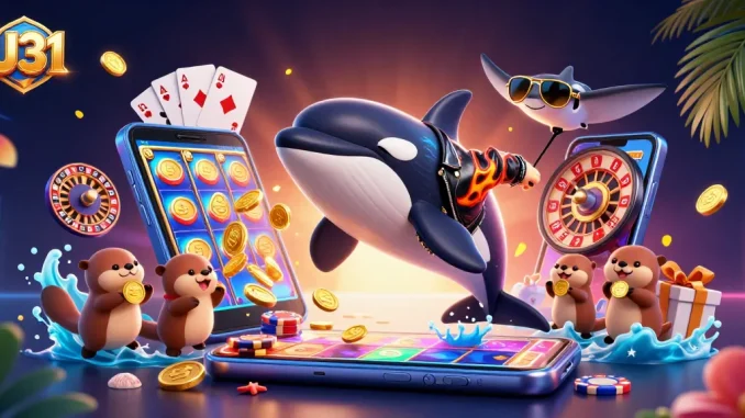 U31 players enjoy vibrant slot games while floating with golden coins in this exciting underwater scene.