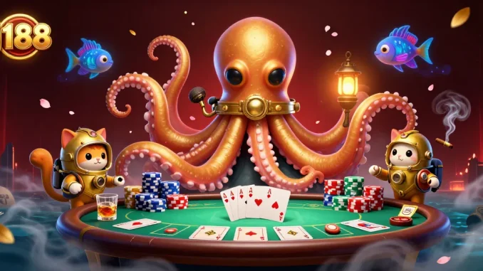 Experience excitement with j188, featuring a kraken and diving cat in a vibrant poker scene.