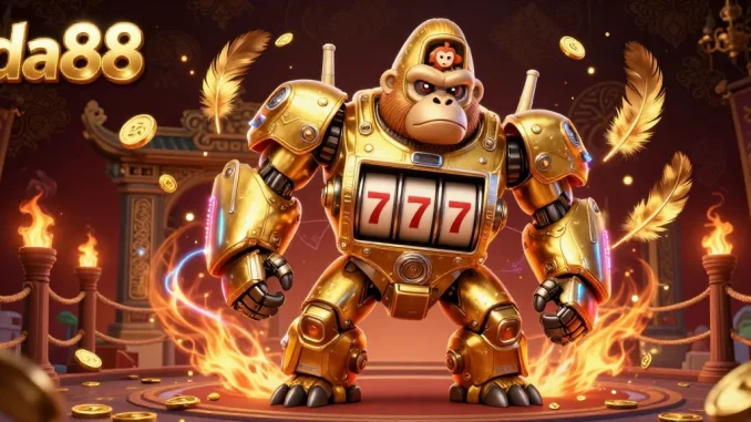 Win big with da88 in this vibrant 3D casino illustration showcasing a golden gorilla mech and slot gaming elements.