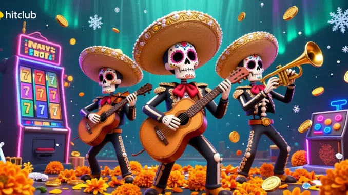 Hitclub casino illustration with mariachi band and colorful game elements creating an engaging atmosphere.