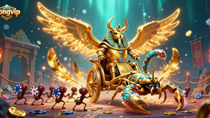 Bongvip offers thrilling gameplay with golden scarab characters, vibrant casino elements, and dynamic action.
