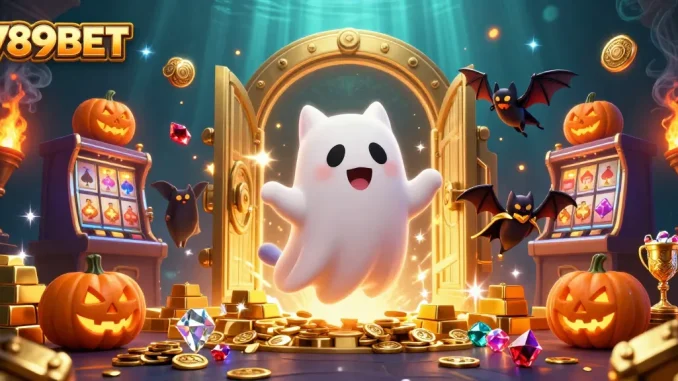 Engage with 789BET in a vibrant haunted casino scene featuring whimsical characters.