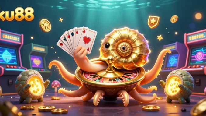 Experience the thrill of ku88 with a vibrant 3D scene featuring a giant nautilus roulette wheel.