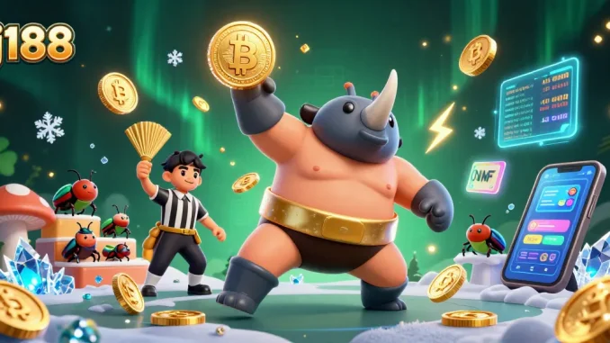Experience thrilling gameplay at j188, featuring a vibrant illustration with crypto elements and beetle characters.