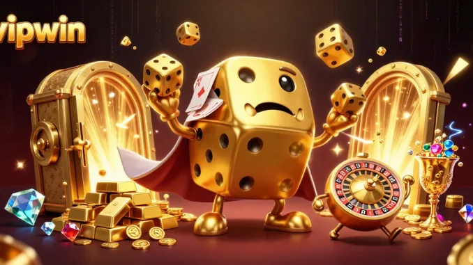 Experience thrilling wins at vipwin with exciting golden dice and sparkling treasures in an engaging casino scene.